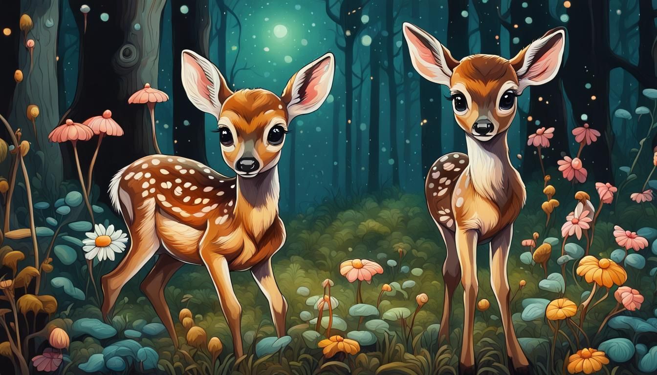 oil-painting, a baby deer in a beautiful forest with fungus ...