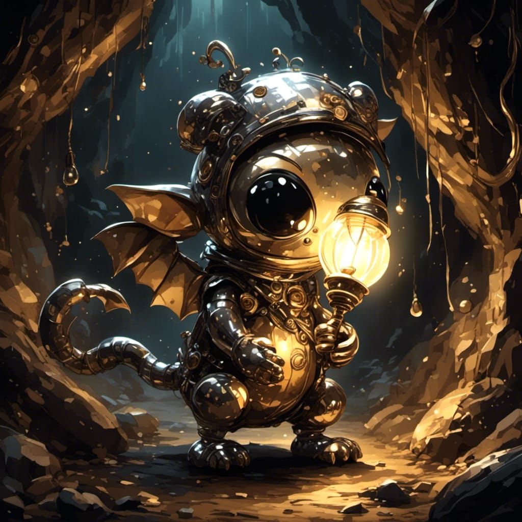 <lora:Metallic Balloons:1.0>  Cute creature holding a lamp in a dark cave 