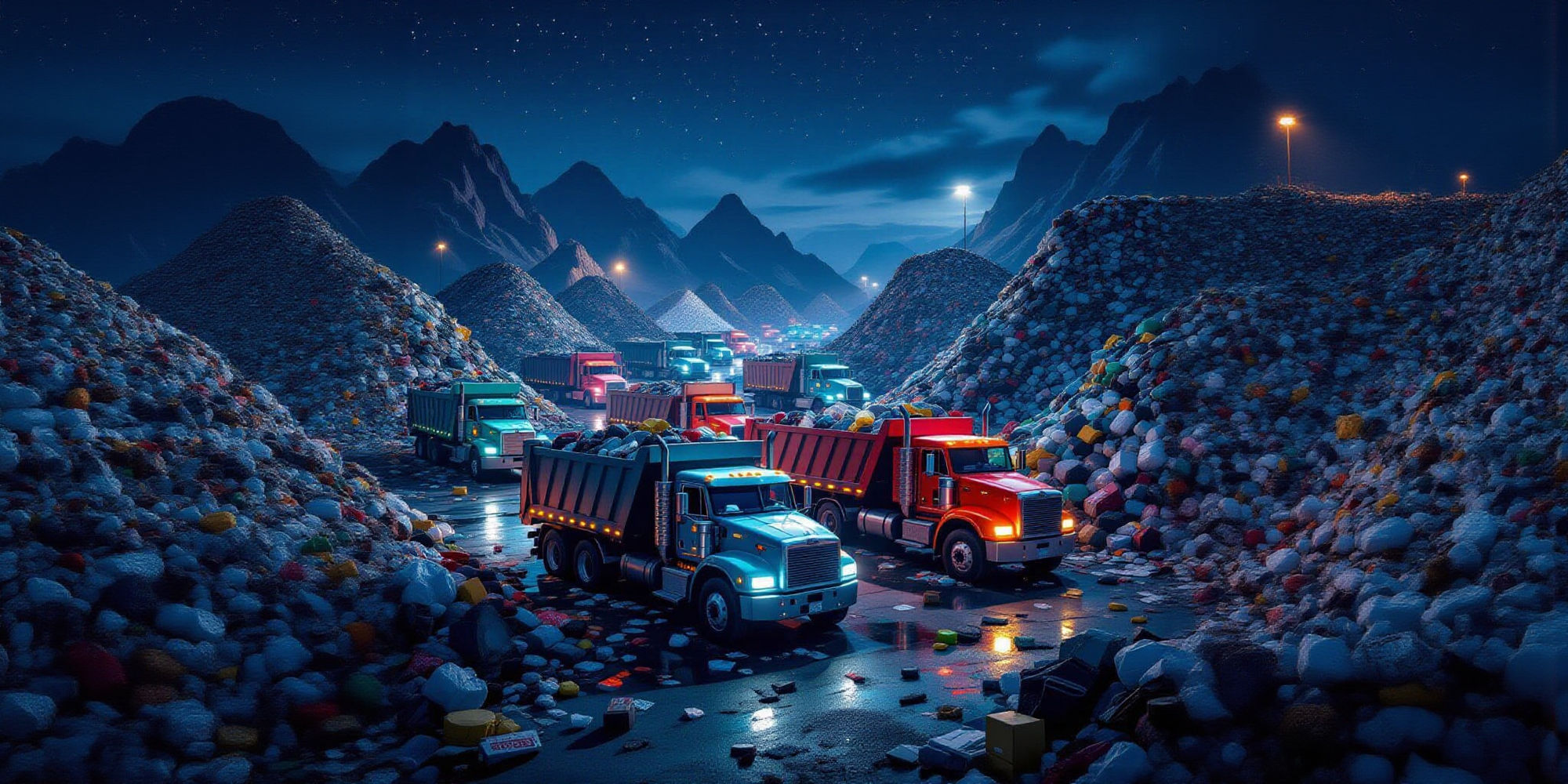 futuristic retro trucks filled with garbage in a world filled with huge mountains of all sorts of trash in nighttime and over 10 trucks ther...