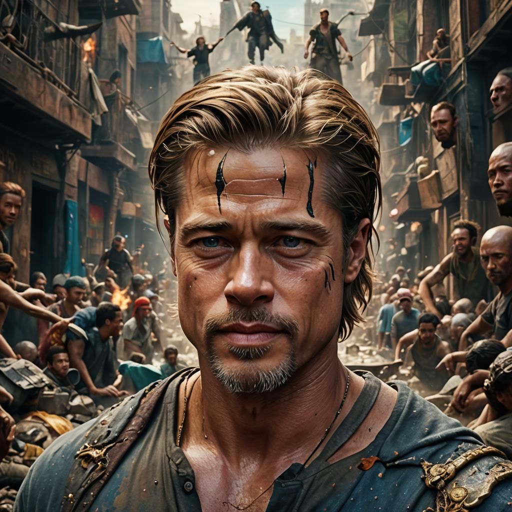 A celebrity brad pitt face is seamlessly inserted onto a dif...
