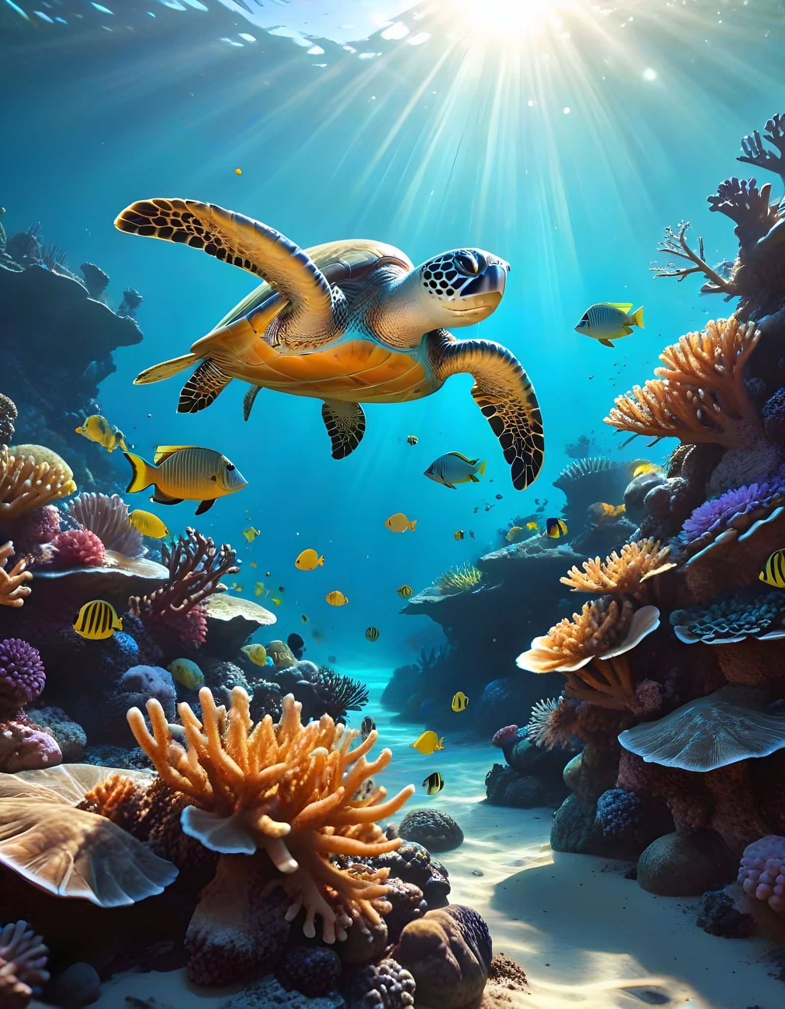 Photorealistic underwater scene of a vibrant coral reef.  by @Jon Son