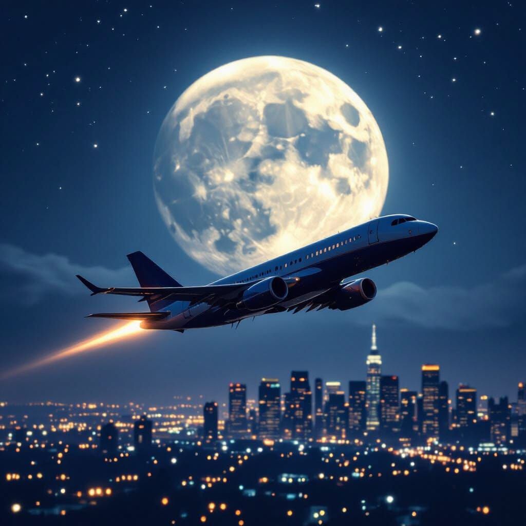 Jet Airplane Soars Over City Under Luminous Moon