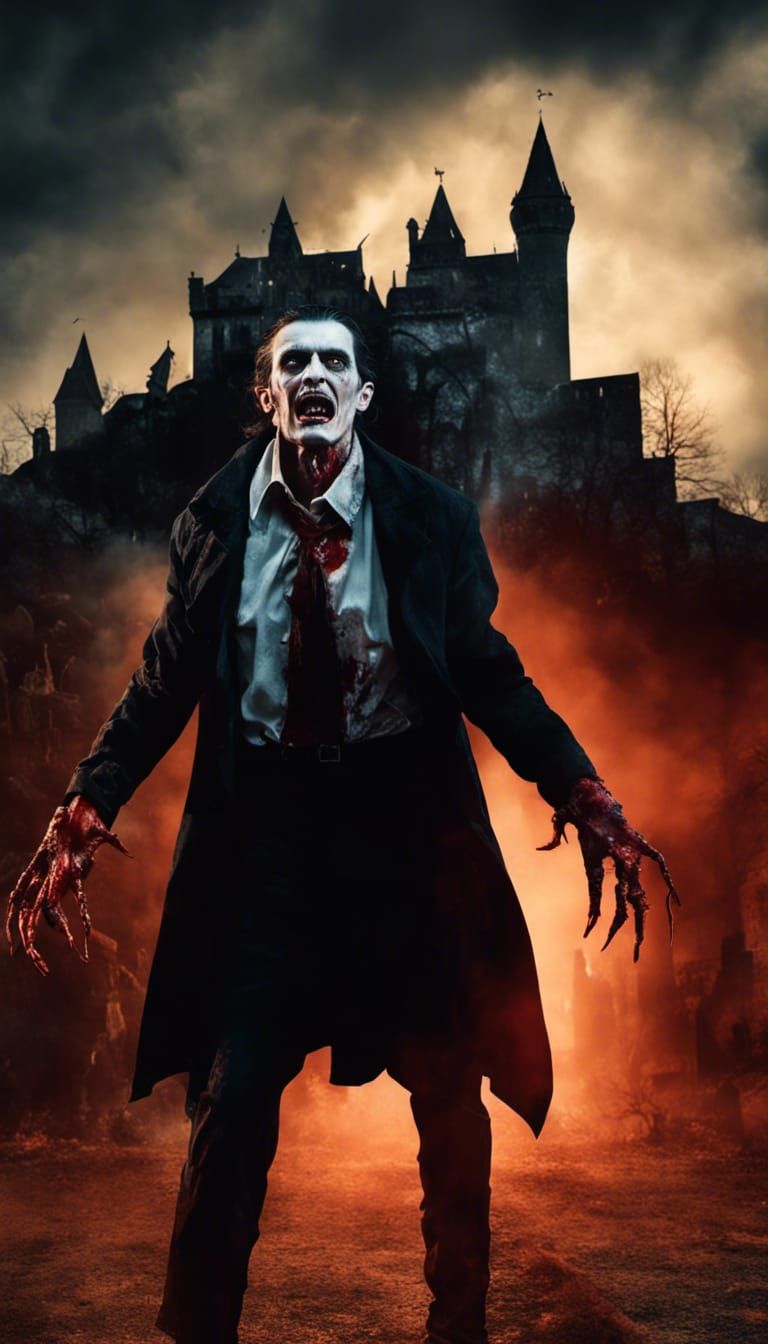 2023 CINEMATIC REPRODUCTION OF Dracula, in ripped clothes, u...