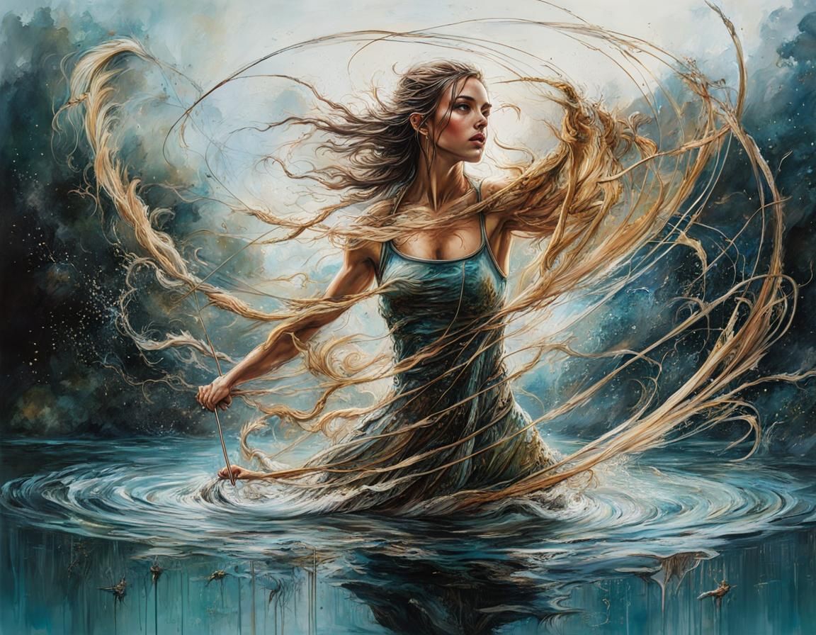 a girl standing waist-deep in a lake exercising lashes with ...