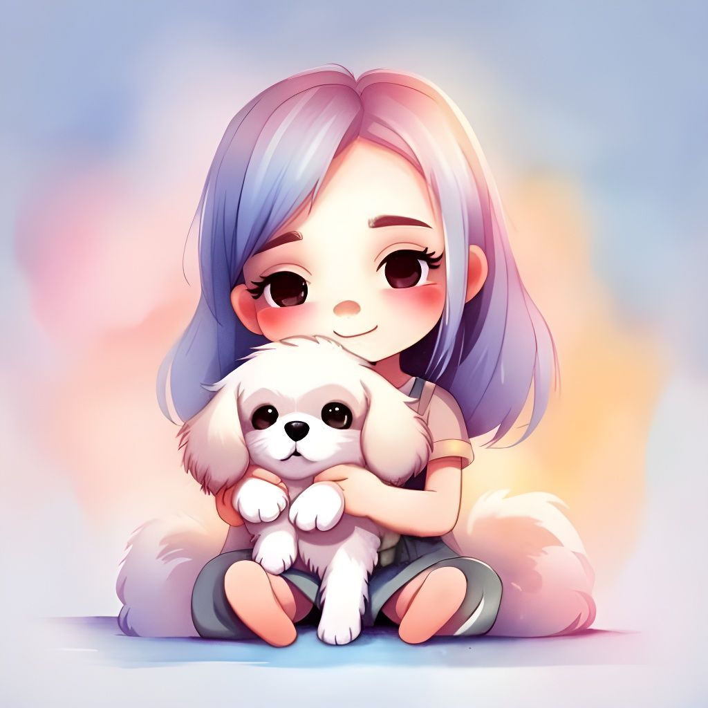 An Adorable chibi girl hugging a fluffy puppy, cute colourful background, Watercolor Clipart, full Illustration, ...  by @Summerchild