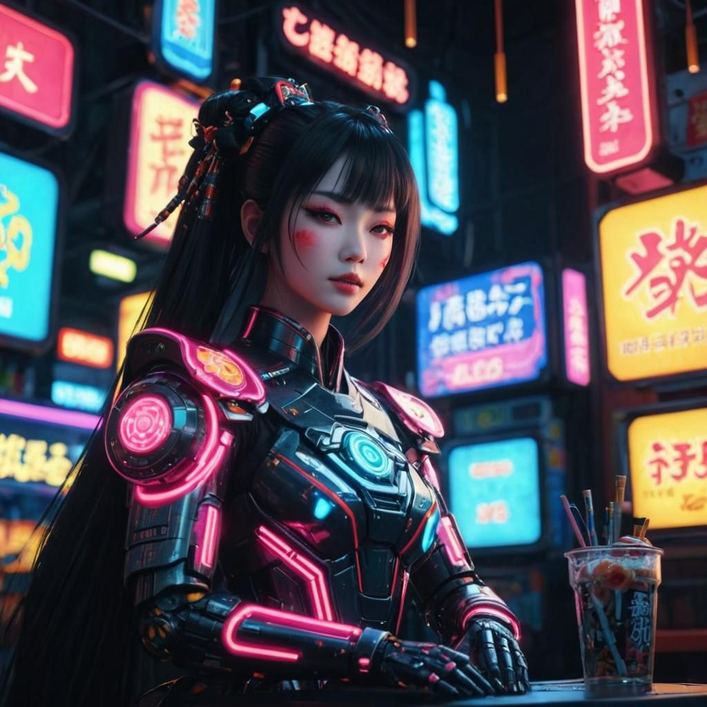 Neon cyborg geisha in a neon lit pachinko parlor   by @odd-duck
