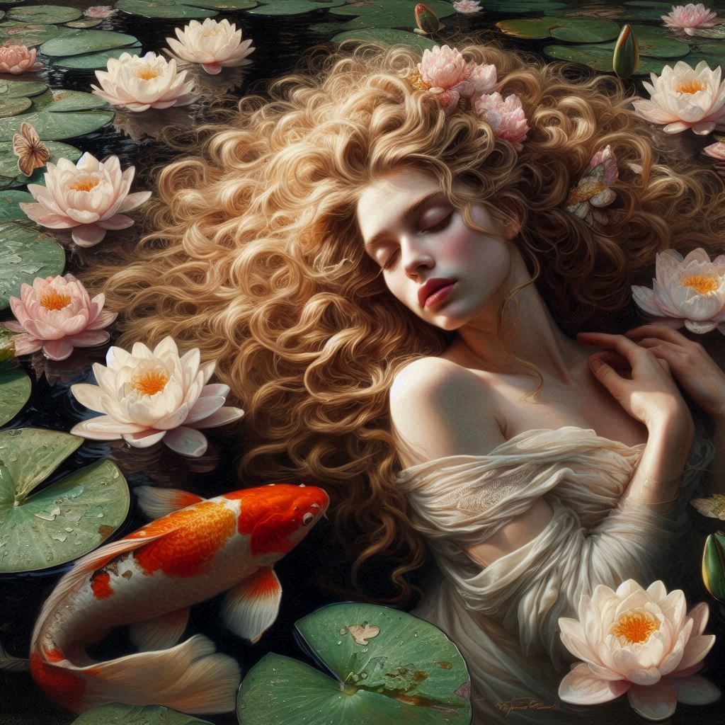 Beautiful woman, golden curls, in a pond of blooming water l...