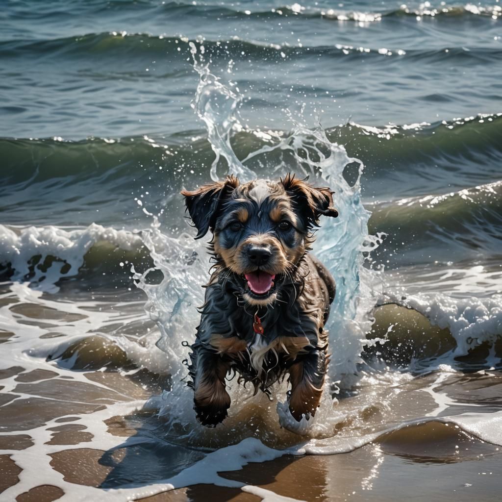 Gentle blue waves with a partly sunny day puppy splashing