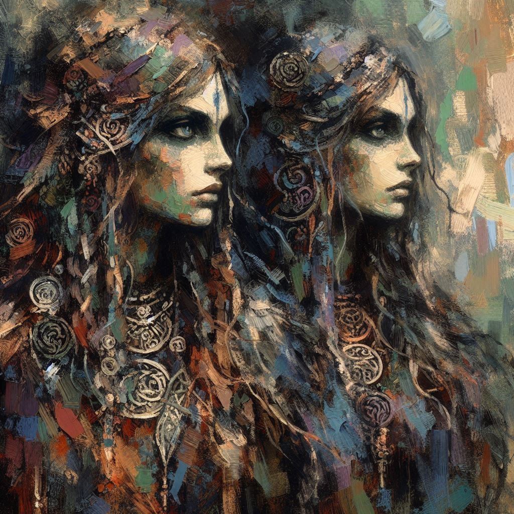 Pastose Acrylmalerei mit keltischen Frauen #1