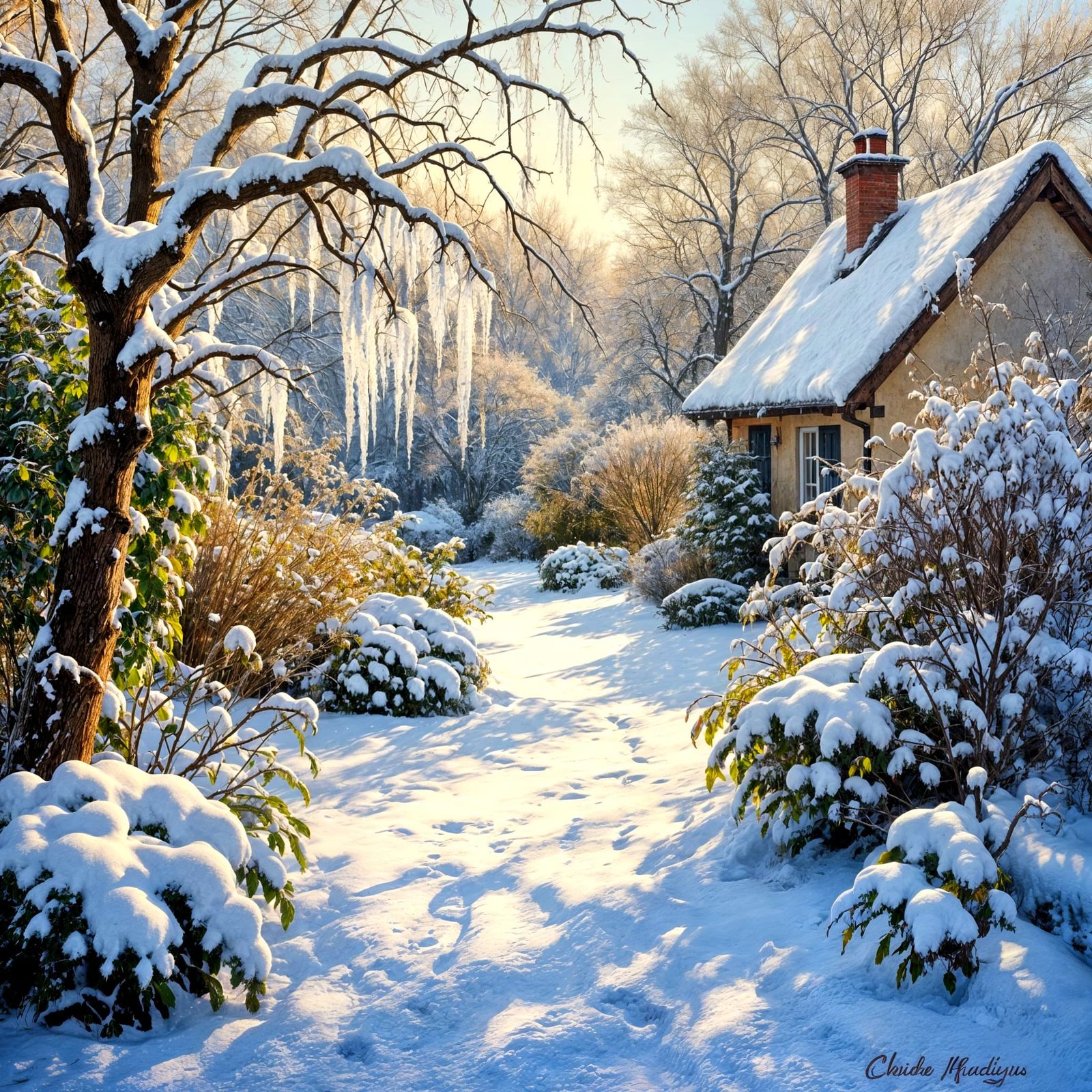 A beautiful country garden covered in a blanket of snow  by @Mia
