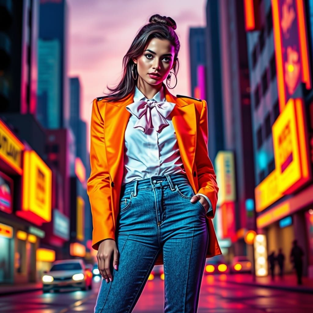 une femme habillée avec des vêtements à la mode des années 80.