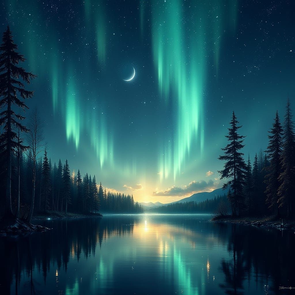 The Aurora, mysterious lights of the North, high contrast, inspiring, deep shadows below, noble, beautiful, rich colors, night scene <lora:E...