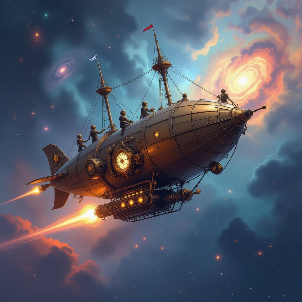 Steampunk Airship Soaring Through Cosmic Nebula