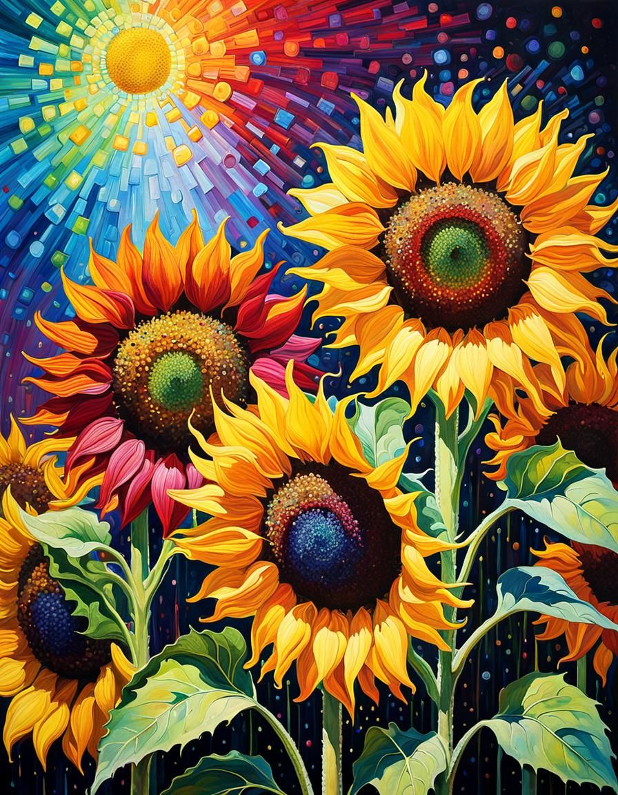 graceful rainbow color sunflower, stem visible, vibrant colo...