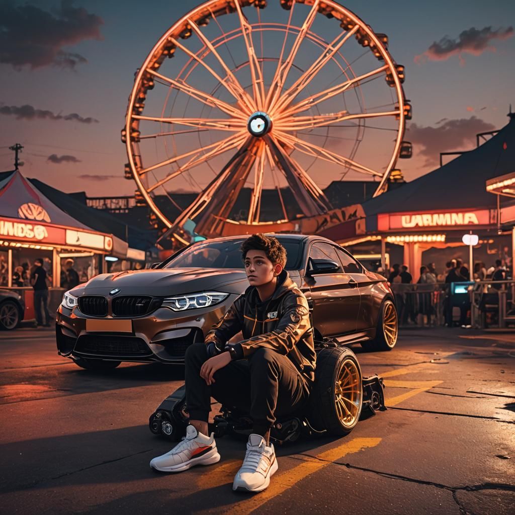 Bmw m4 sports . A boy sitting in front of a car