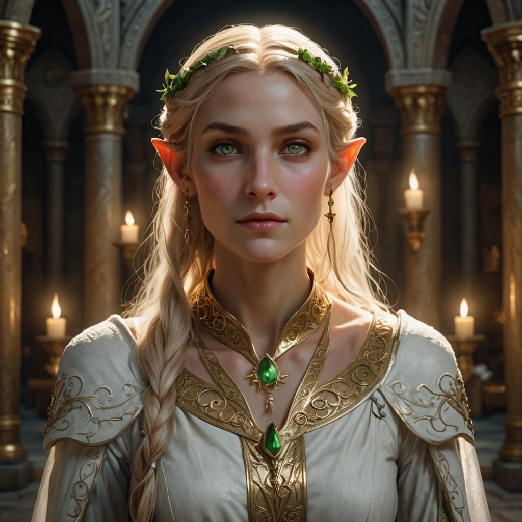 Half-body portrait of a tall and slender elf priestess with an elegant bearing, posed in the mystical Eldoria Temple