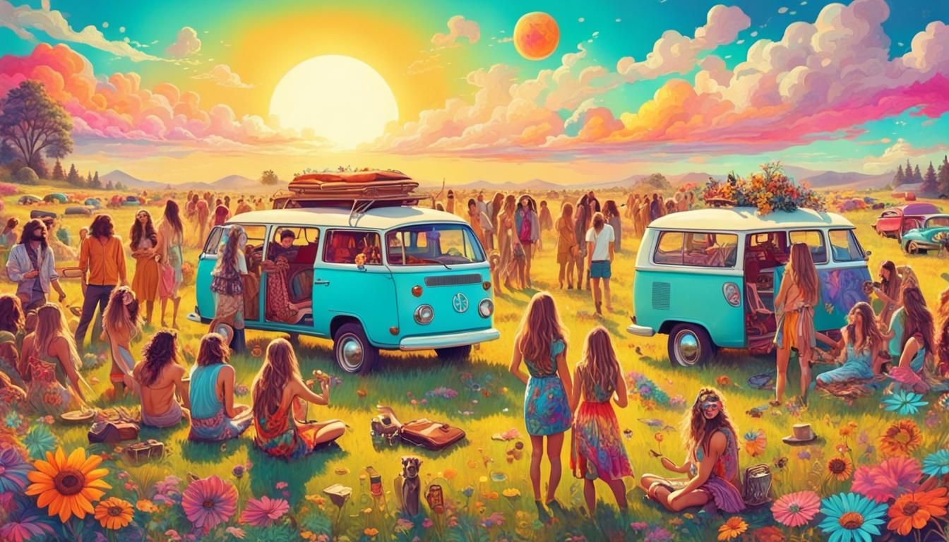 A gathering of hippies in a colorful meadow, psychedelic vehicle, vibrant colors, 60's era, detailed ...  by @ le barbouilleur