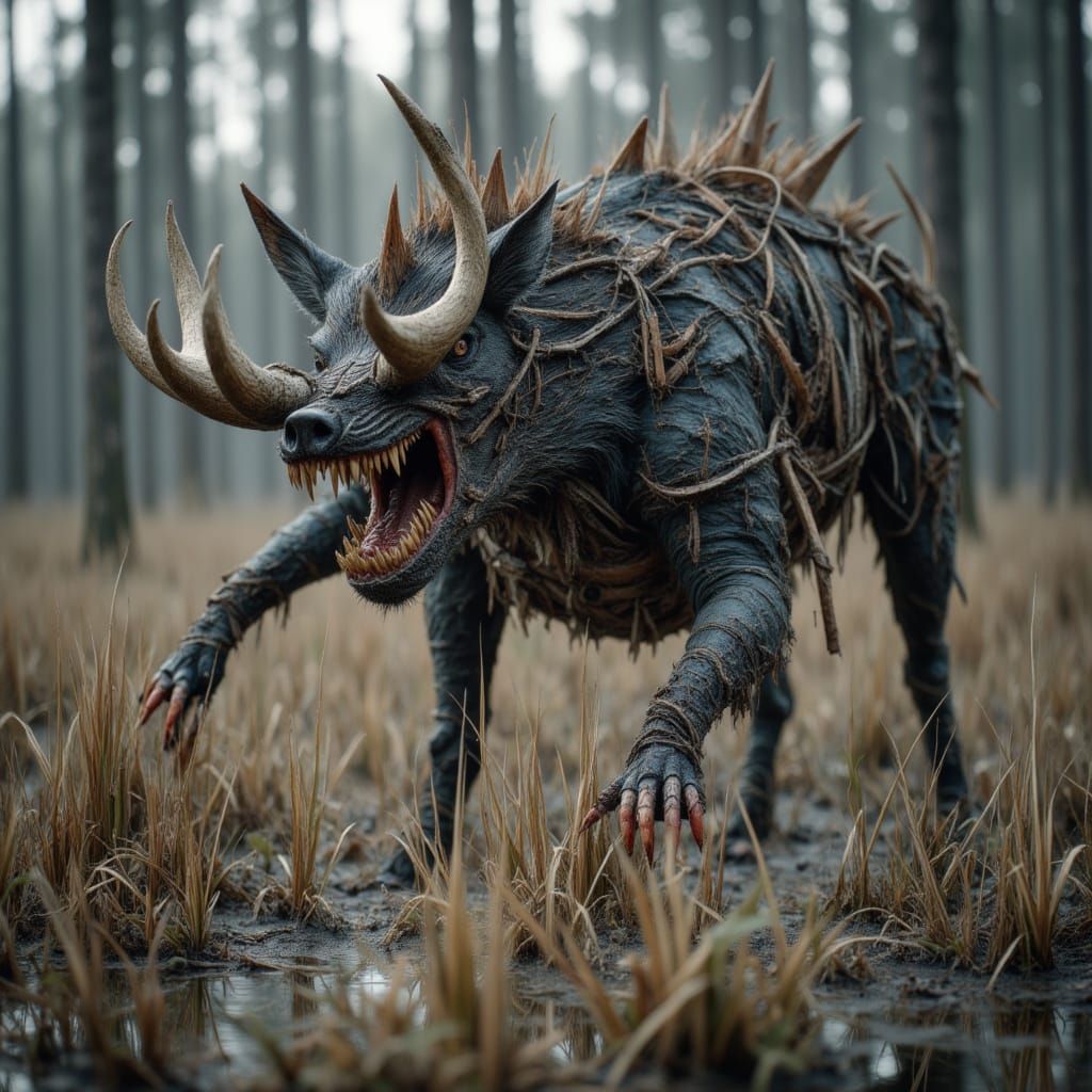 <lora:Cryptids:1.0> HD photography of a boar-scorpion cryptid locked in battle with a feral dog pack in a rotting southern swamp, Cinematic...