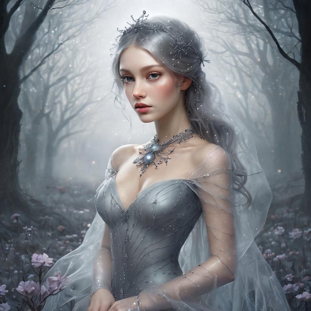 Cobweb dress with morning dew twinkling in the foggy dawn li...