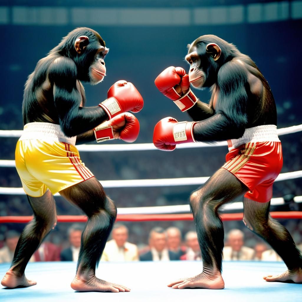Two chimpanzees engaged in a boxing  match at the Olympics b...