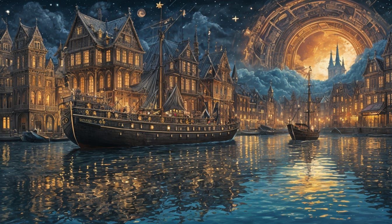 Detailed Gothic Ship Sails on River at Night