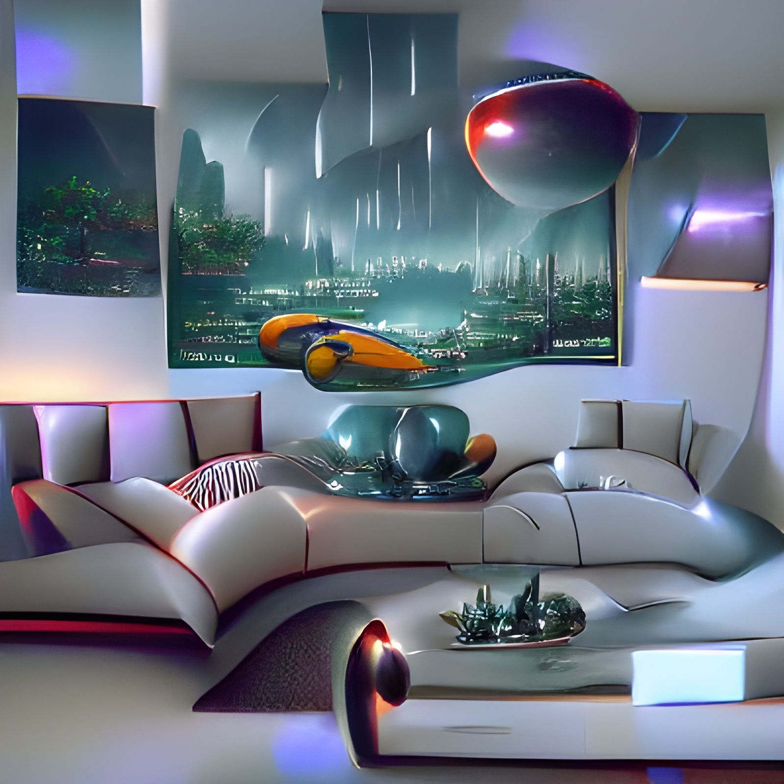A beautiful retro-futurism style living room with a large so...