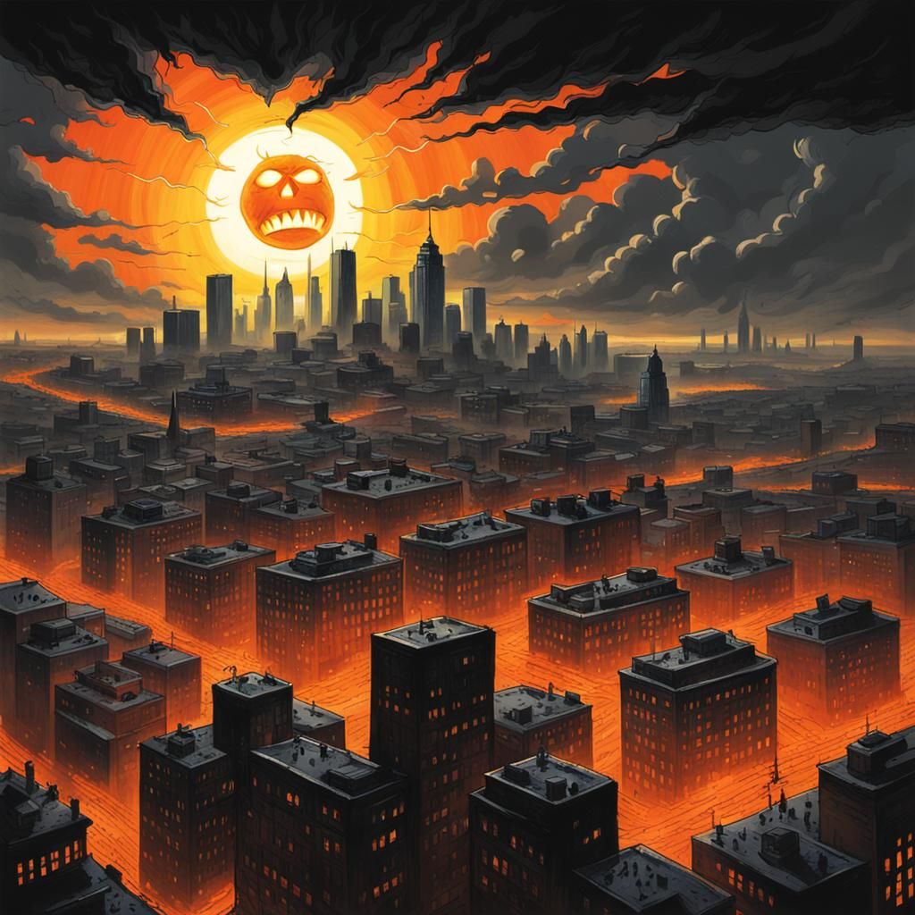 Evil grinning Sun and a city on the brink
