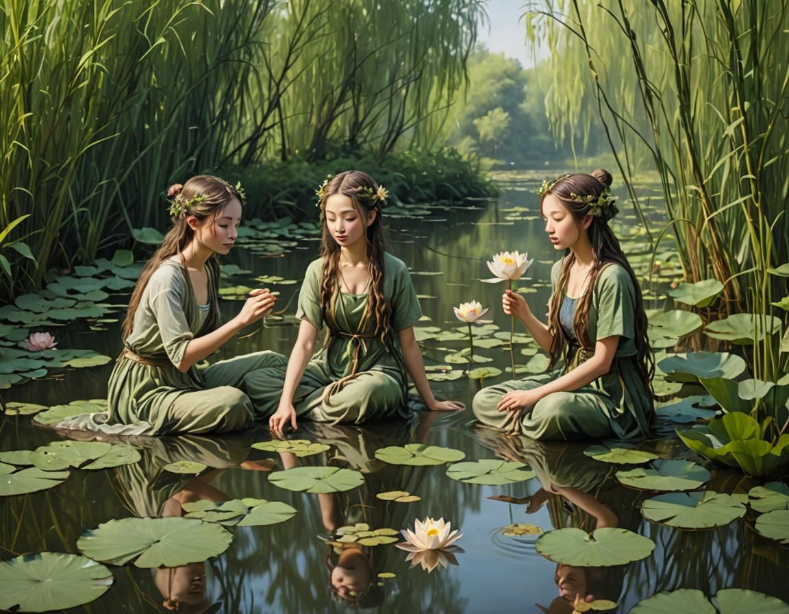 Three nymphs in water. Willow. Lotus. - AI Generated Artwork ...