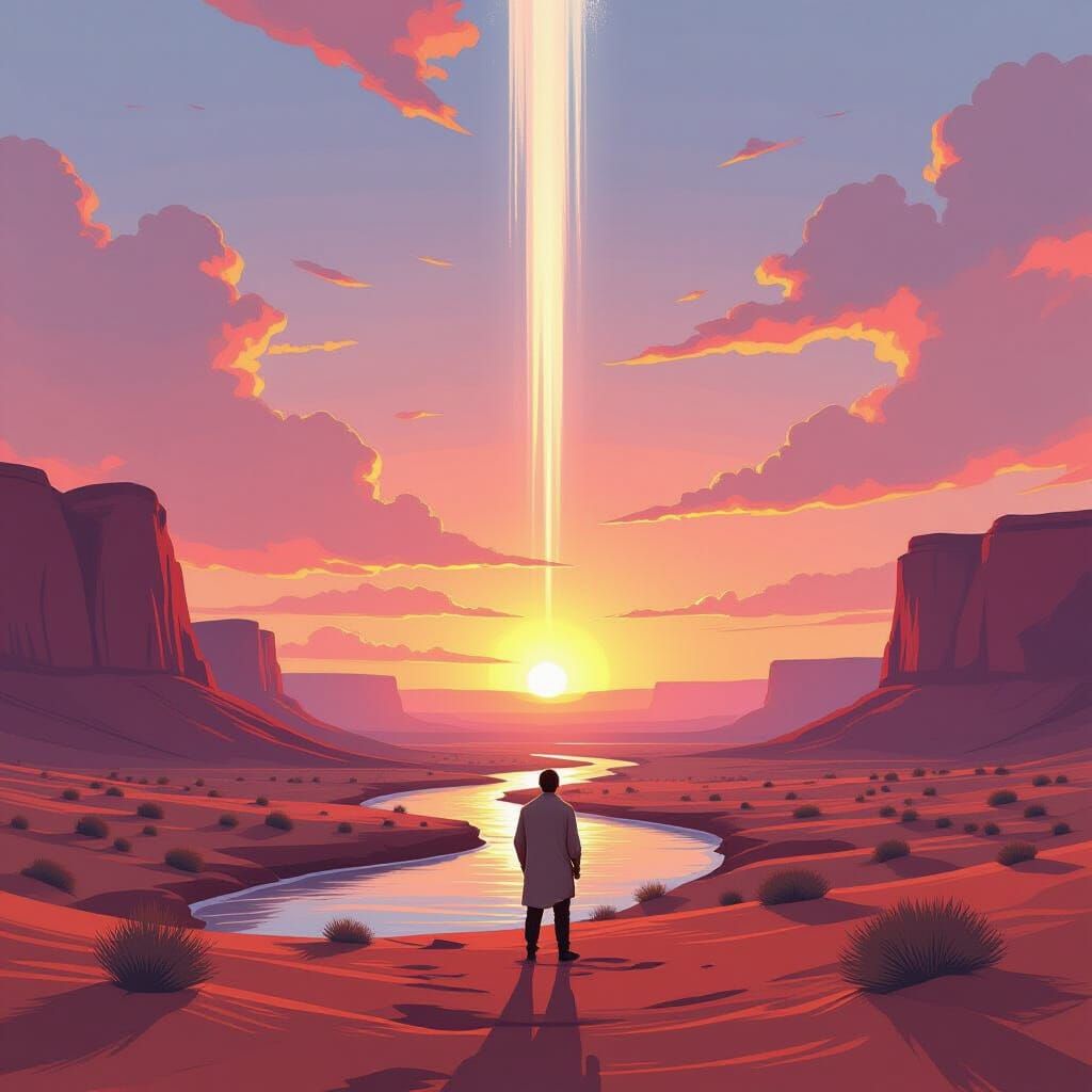 Desert River Sunset in Retrofuturism Style