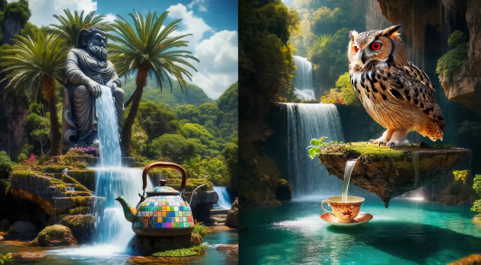 <lora:Aeris Flux:1.0> Fresh, Sweet Spring Water flows and begins its journey passing by a tiled kettle, teacup and an al...