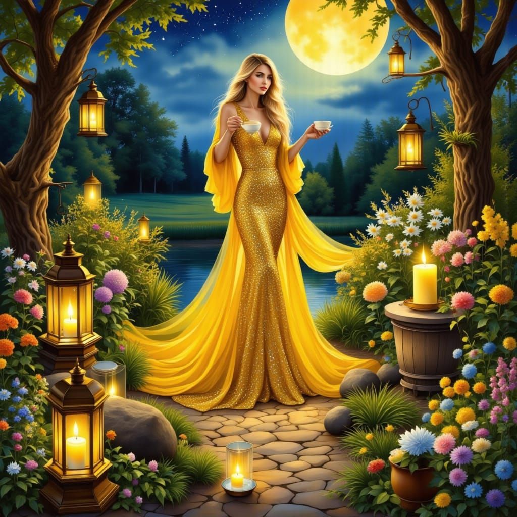 <lora:Alcool Ink Fx:1.0> <lora:Illuminations flux:1.0> stunning woman, blond hair, yellow dress very shiny in garden at night moonlight shin...