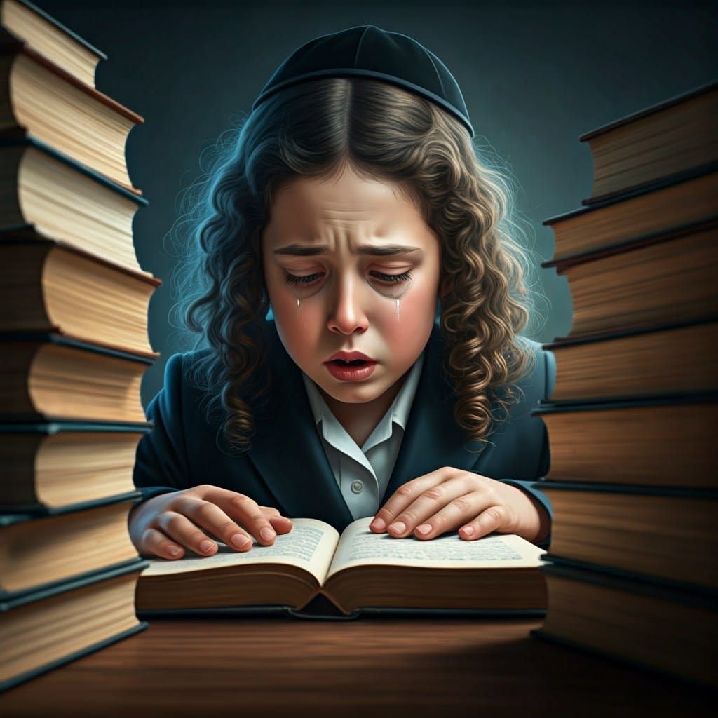 Hasidic Boy in Devout Study, Surrounded by Ancient Tomes