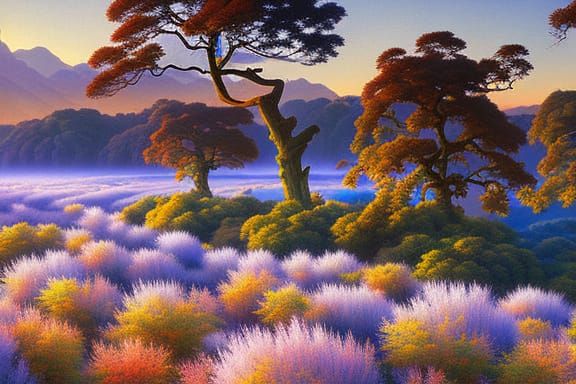 digital painting of sunrise over a lush river valley by gera...