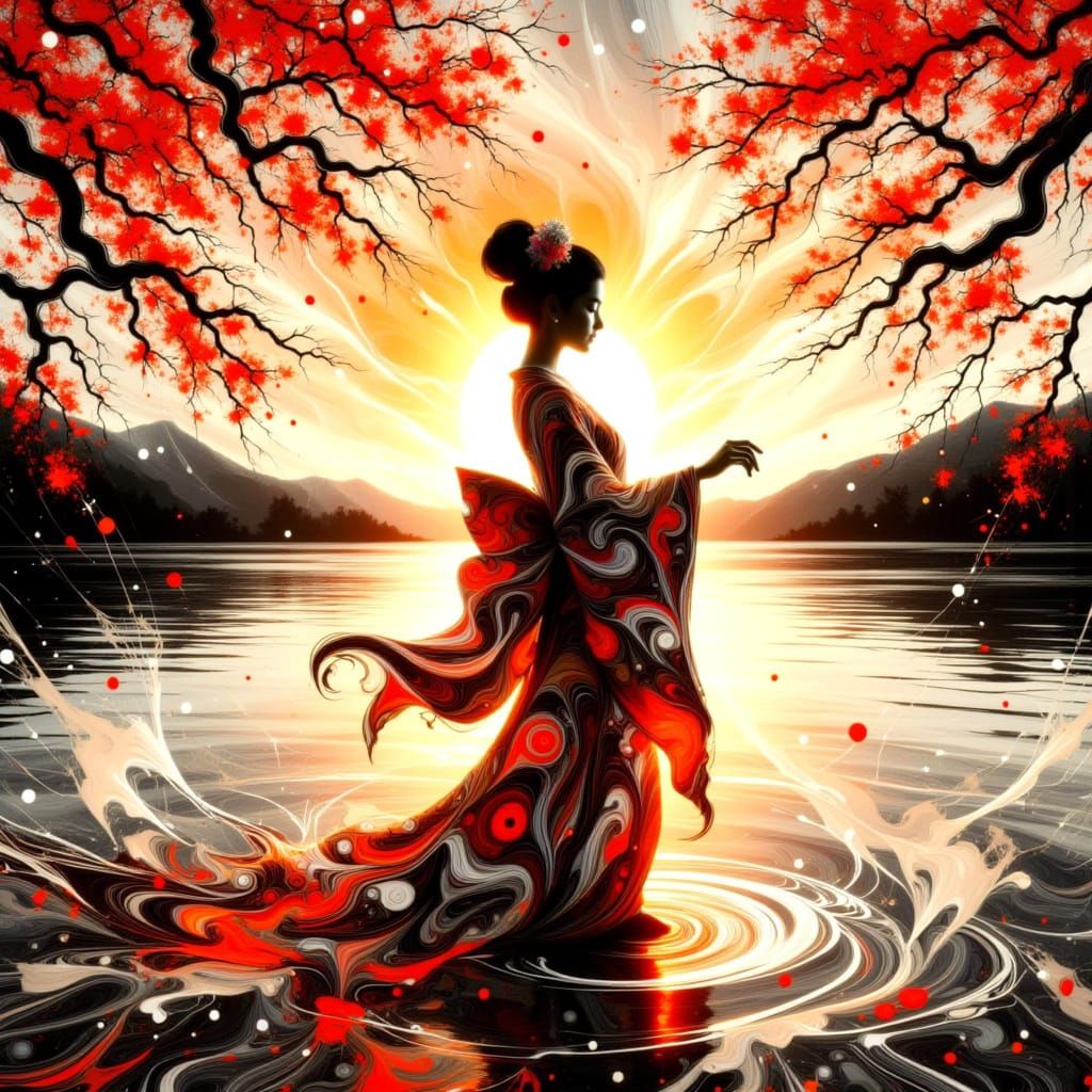 Beautiful dancing geisha by the sunset lake in the style of <lora:JPO:1.0>