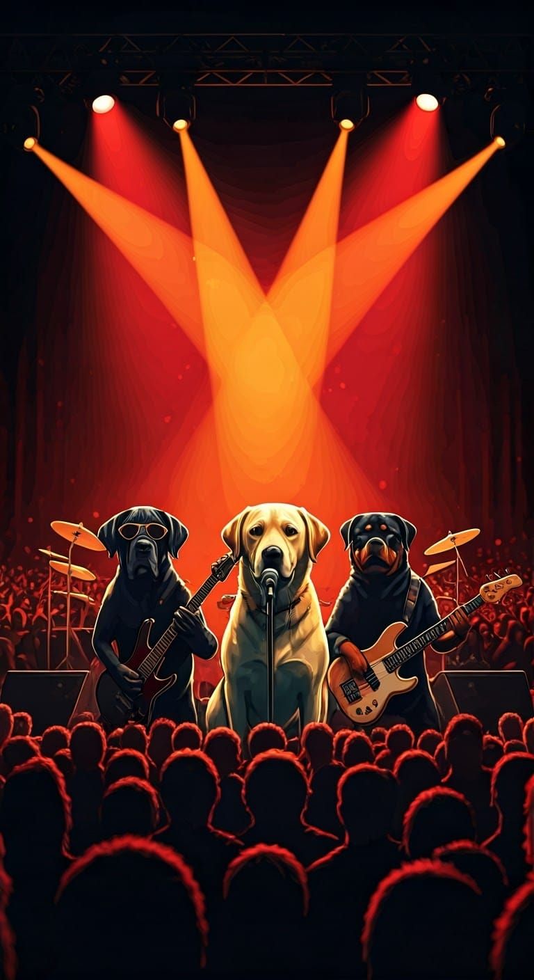 Intricate detailed 16k3d. Battle of the bands with all dog rock band. Great Dane guitar player, husky drummer, golden Labrador singer, Rottw...