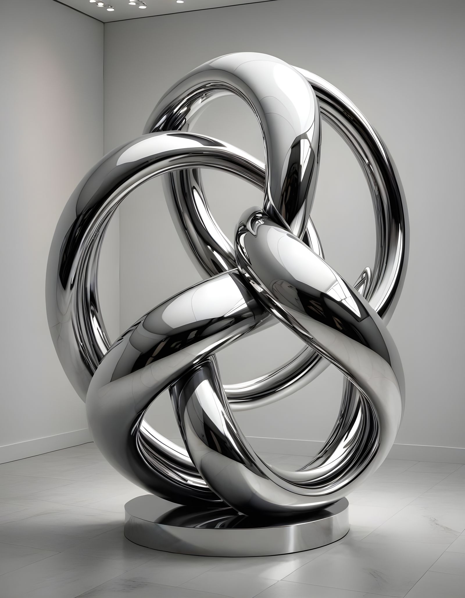 Abstract chrome sculpture in a minimalist art gallery.   by @Valmont