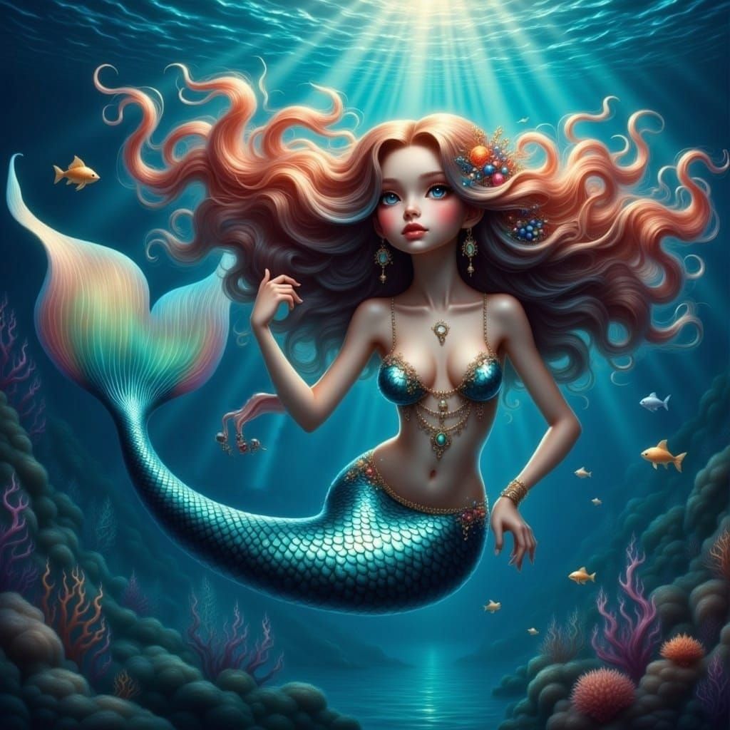 <lora:Flux Mermaid:1.0> realistic Beautiful mermaid, expressive detailed eyes, iridescent colorful scales swimming in the ocean/photorealism...