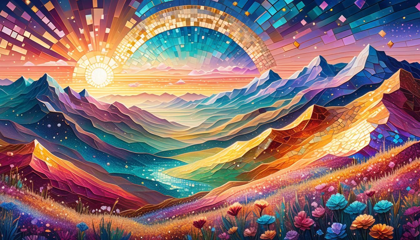 Vibrant Cosmic Crystal Hills in Mixed Media Style