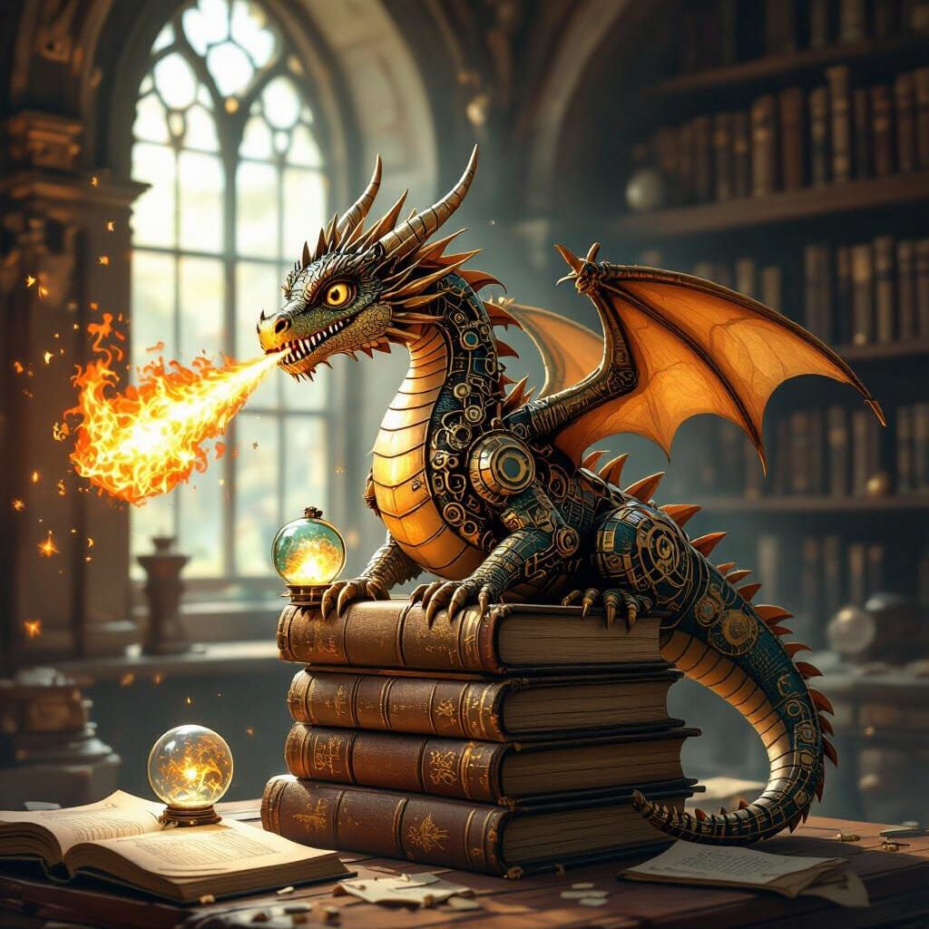 A whimsical clockwork fire-breathing with intricate gears and brass plating, perched on a stack of antique books in a dusty, forgotten libra...