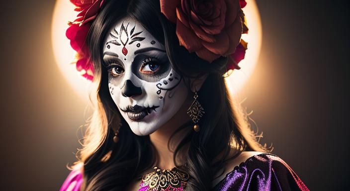 Medium shot of a beautiful woman wearing colorful Día de los Muertos ...