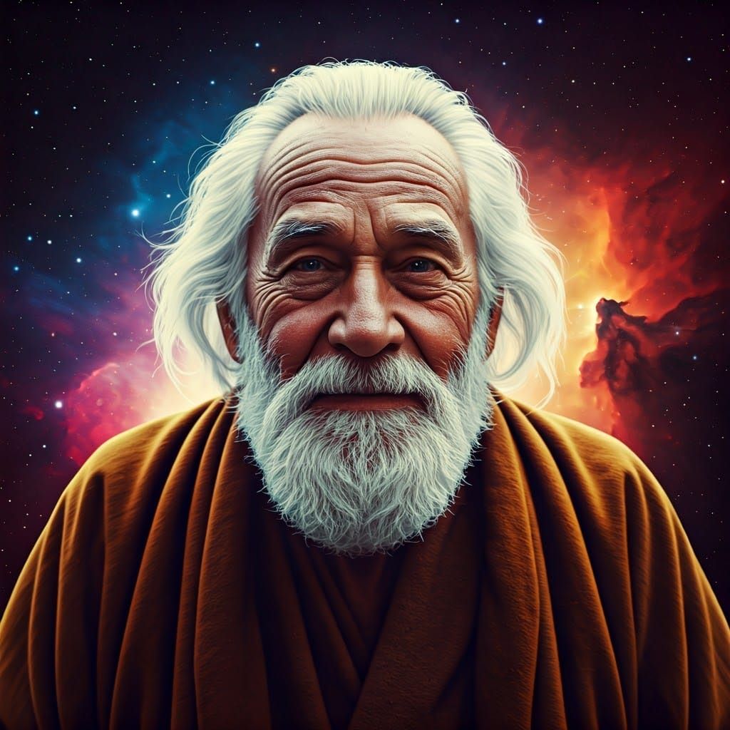 Serene Elderly Man in Psychedelic Space Nebula