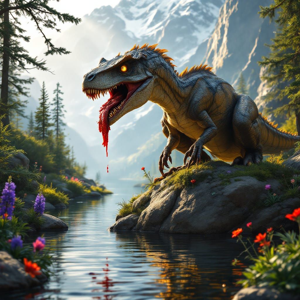 A majestic velociraptor crouches atop a moss-covered boulder by a crystal-clear mountain river, tearing at fresh prey meat with razor-sharp ...