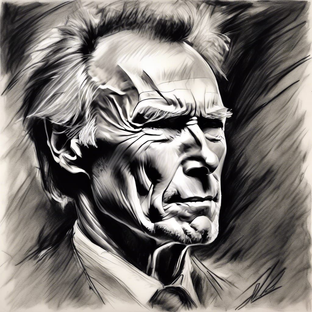 Clint Eastwood, portrait in charcoal