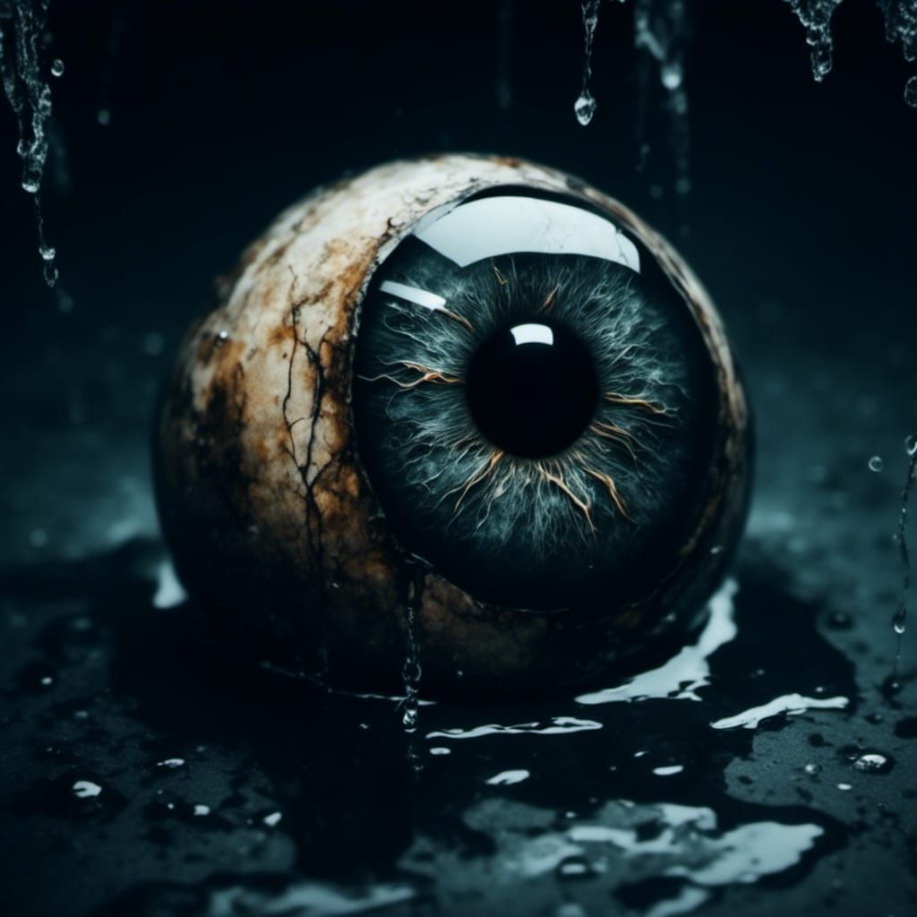 epic creepy eyeball leaking black ink deep depth of field ; 3d; Dark