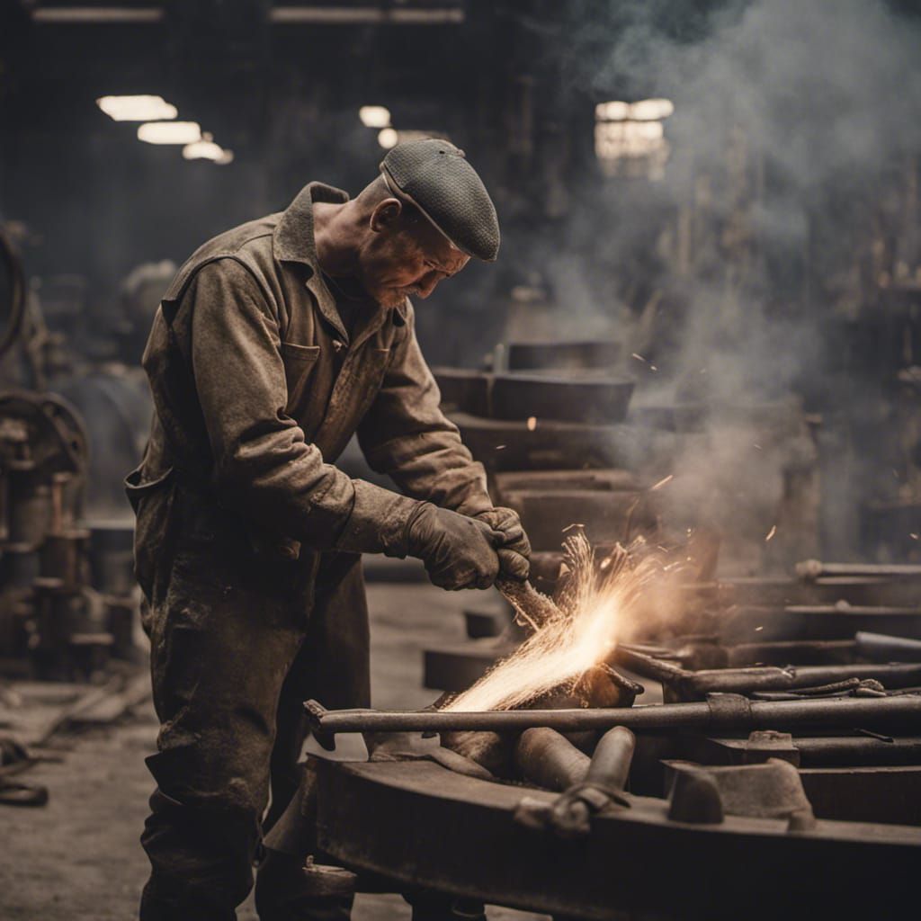Male iron worker at steel mill in 1960, holding tools