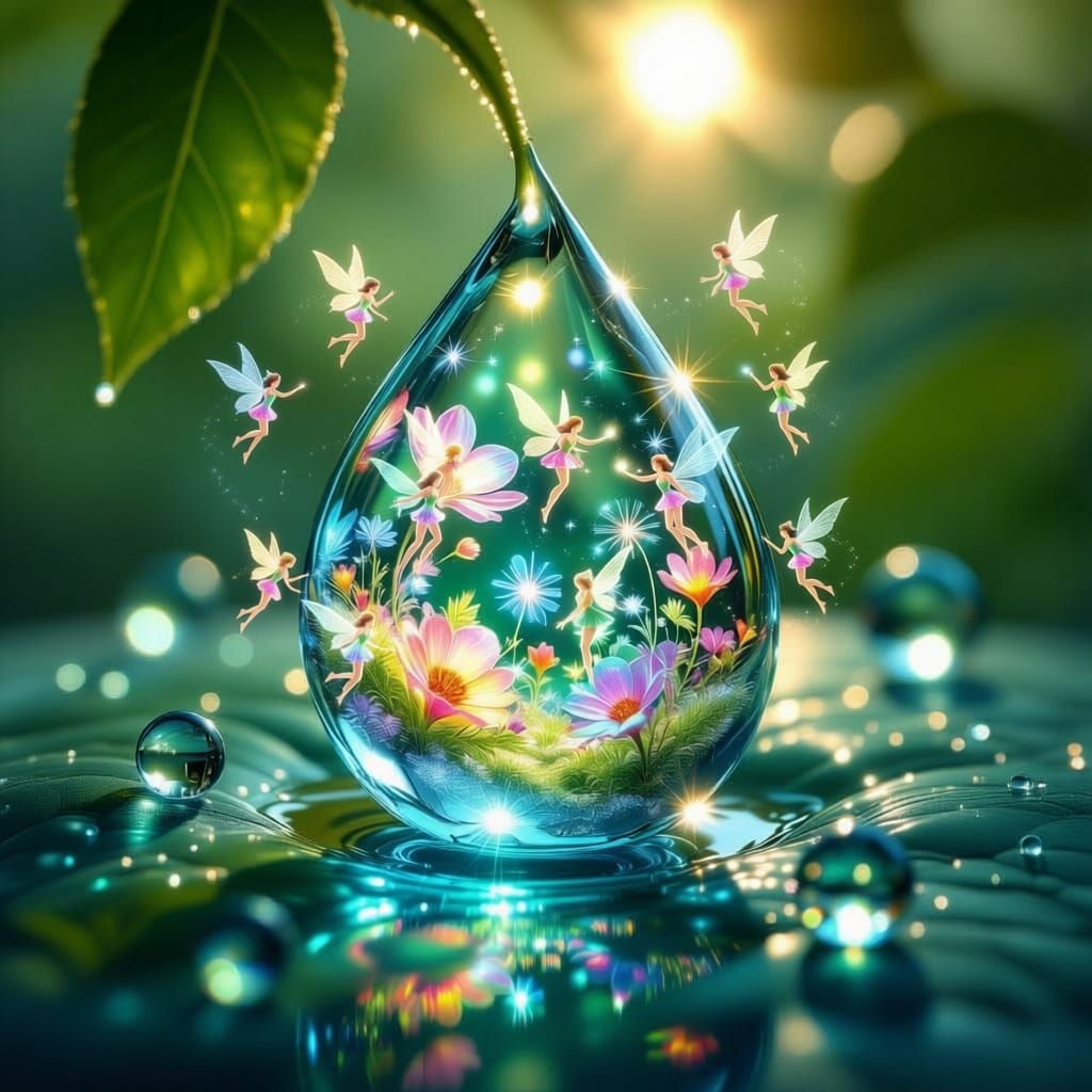 A microscopic ecosystem thriving within a dewdrop on a hanging leaf, featuring iridescent flora and minuscule, bioluminescent fauna. The sce...