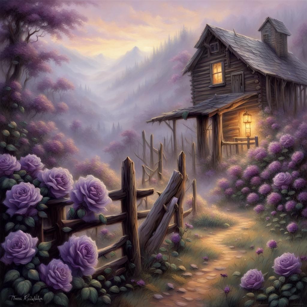 thorn covered fence with purple roses with a rugged cabin fa...