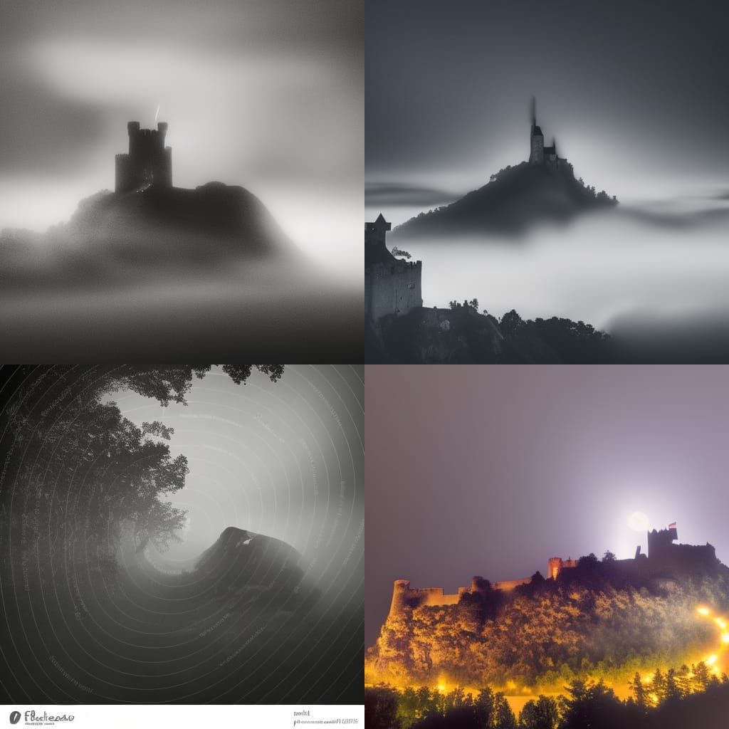 Heavy wave of fog at night with a quarter moon nearly obscur...