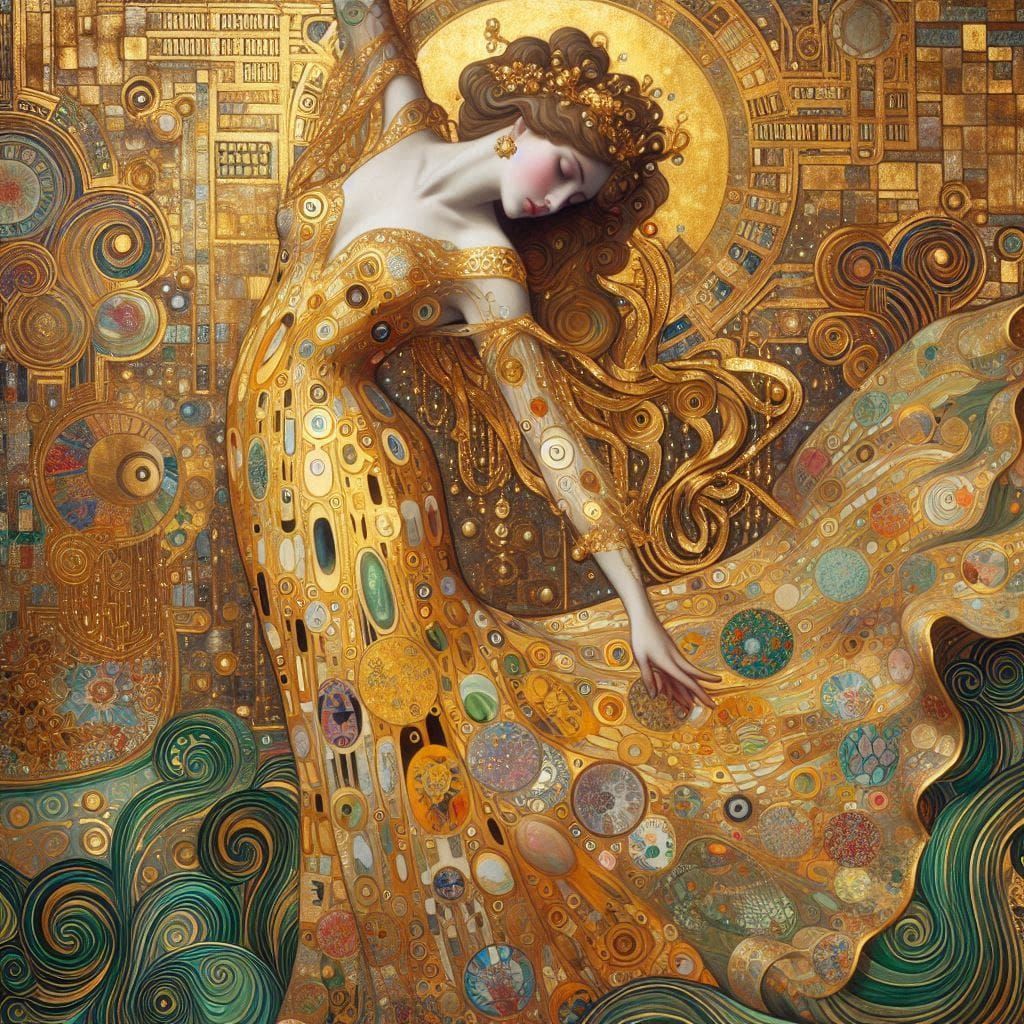 an image inspired by Gustav Klimt's "Hygieia" (1907), showca...