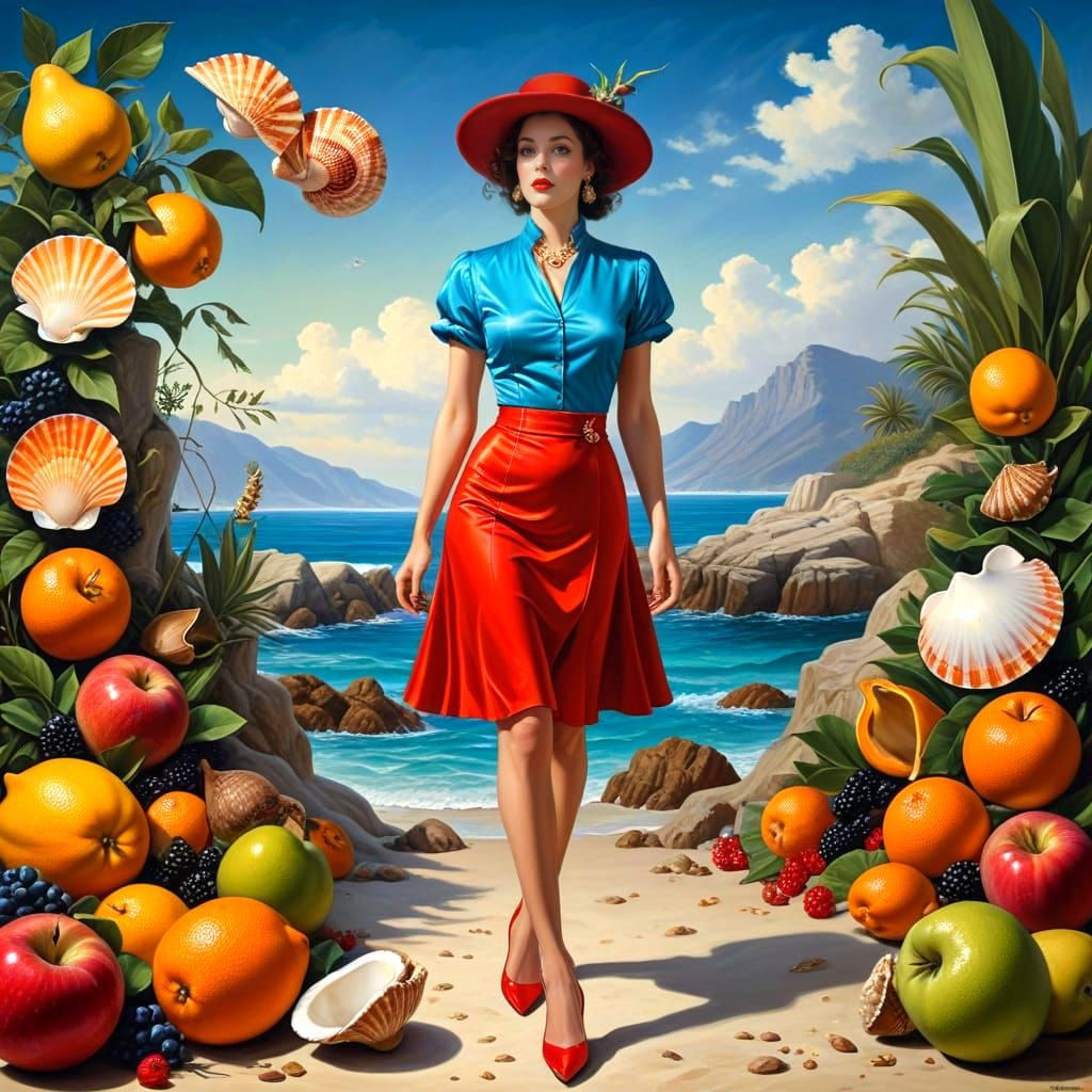 Dynamic Portrait of a Lady in Surreal Scene